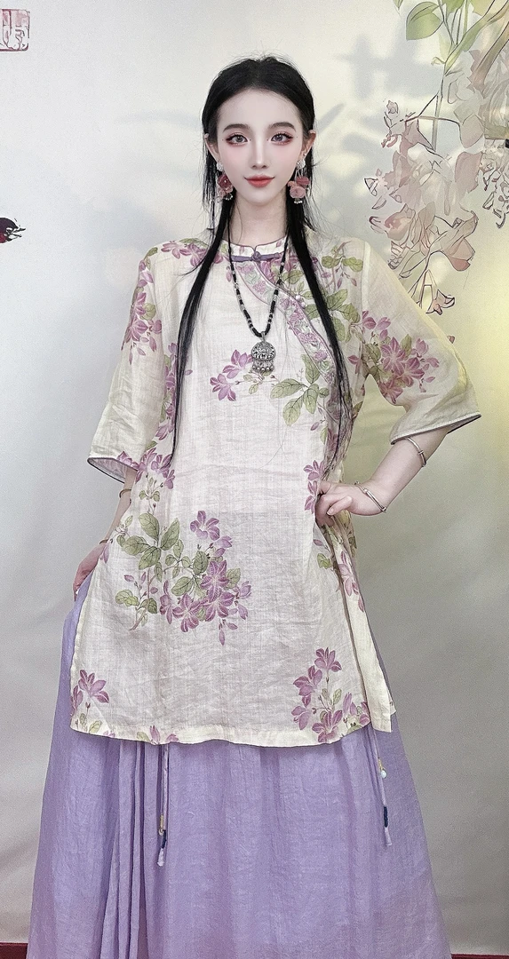 【花满楼】复古国风苎麻印花夏季圆领斜襟盘扣中长款茶服女装连衣裙