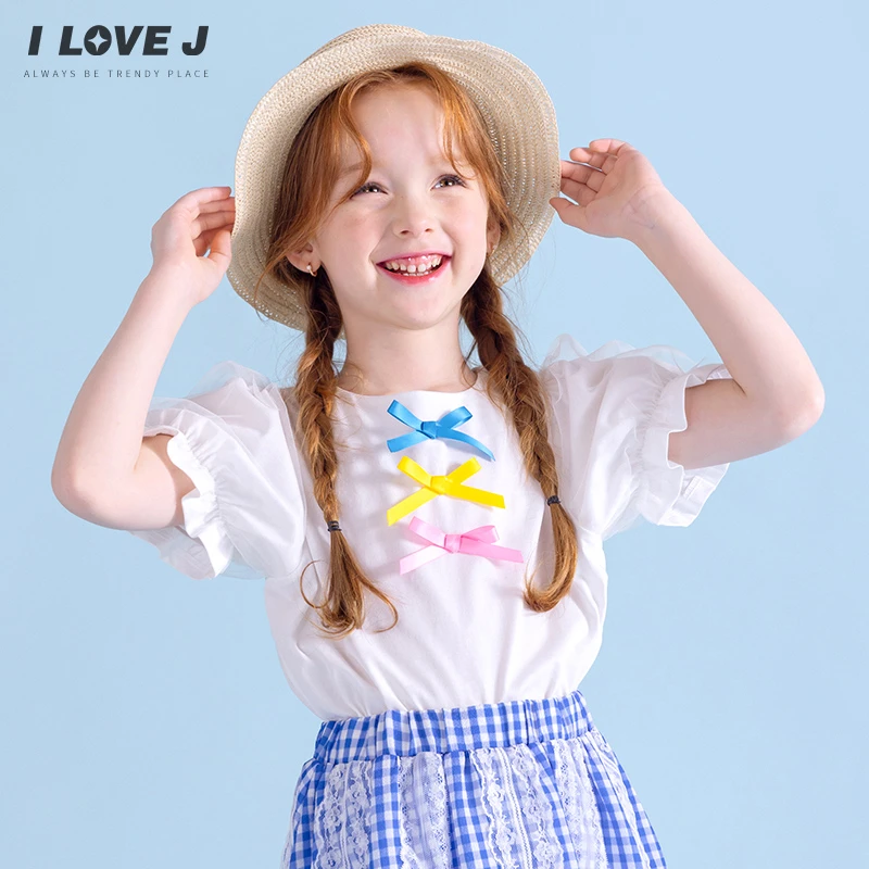 ILOVEJ童装2025夏季新款女童三色蝴蝶结短袖T恤泡泡袖上衣JXUTO03