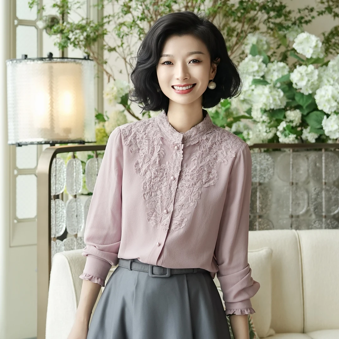 西子/【浮花】重工桑蚕丝绣花拼蕾丝粉色上衣/SYBH1998