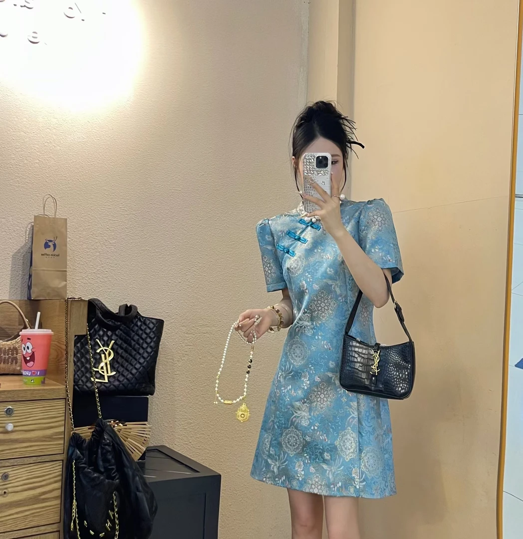 新中式复古国风盘扣旗袍夏季新款高级感洋气气质蓝色时尚中国风