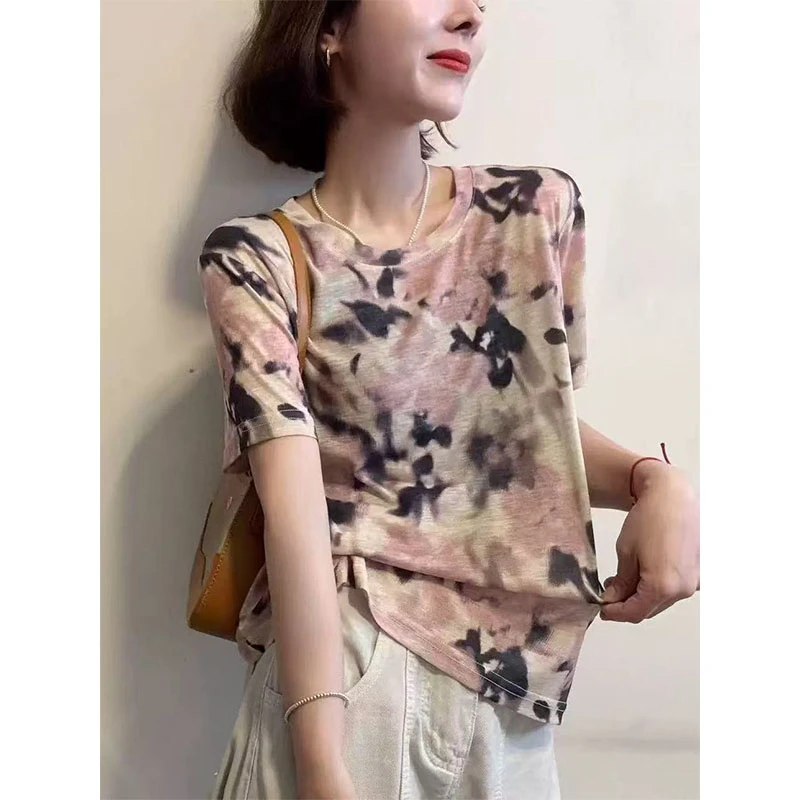 「粉墨登场」夏季时尚晕染圆领短袖薄款宽松显瘦百搭正肩上衣-25347