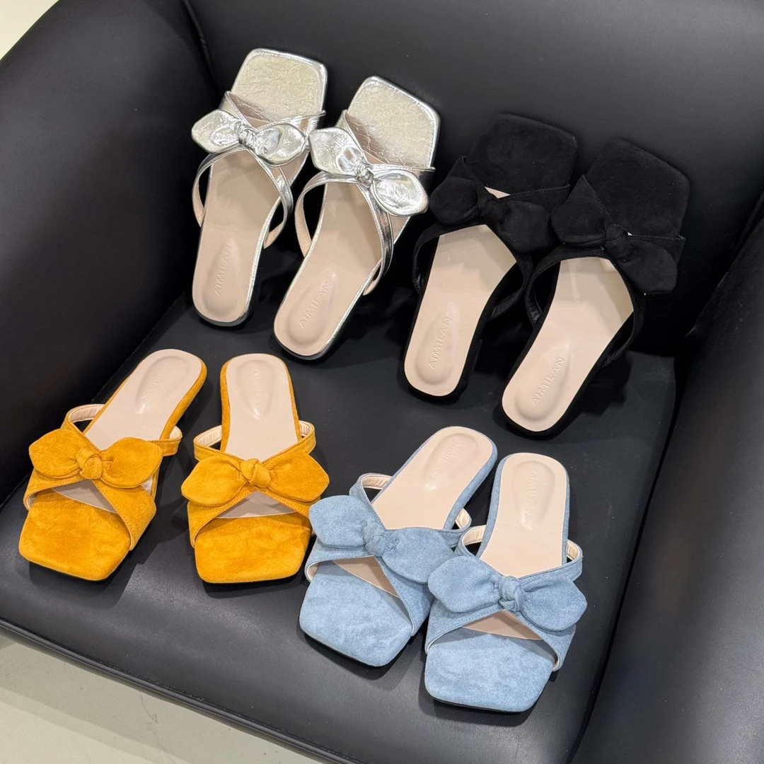 D大码宽胖脚法式蝴蝶结方头平底露趾拖鞋