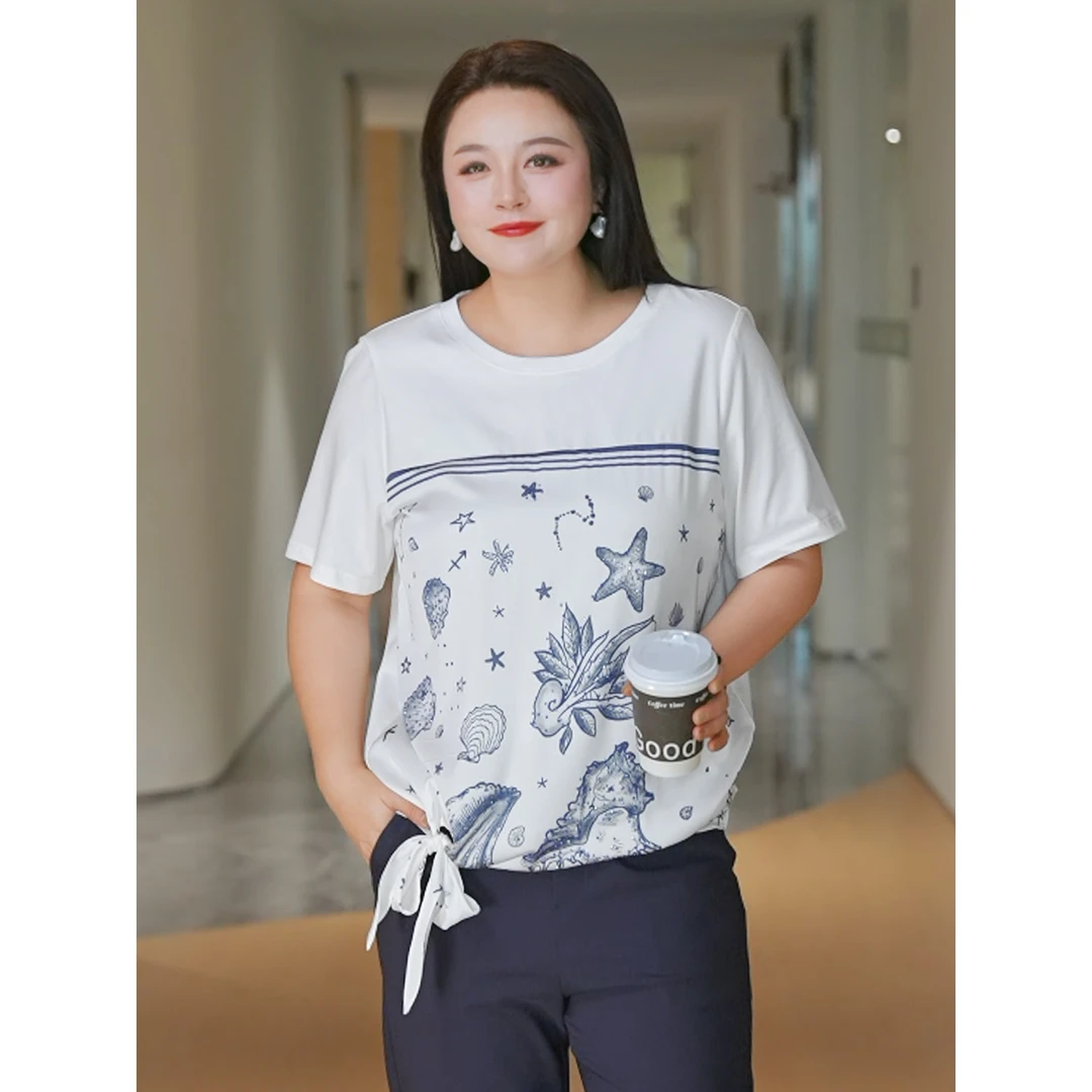 【海底世界】MsShe大码女装夏天丝棉印花烫钻短袖T恤J~B2506030