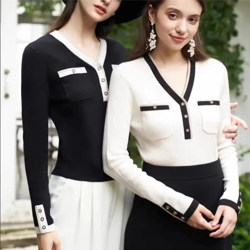 【商场同款】2025新款羊毛拼色V领针织衫女打底秋冬长袖毛衣A301120
