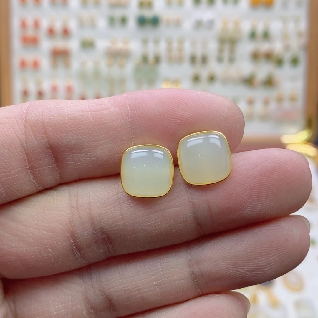 和田玉银S925镶嵌耳饰