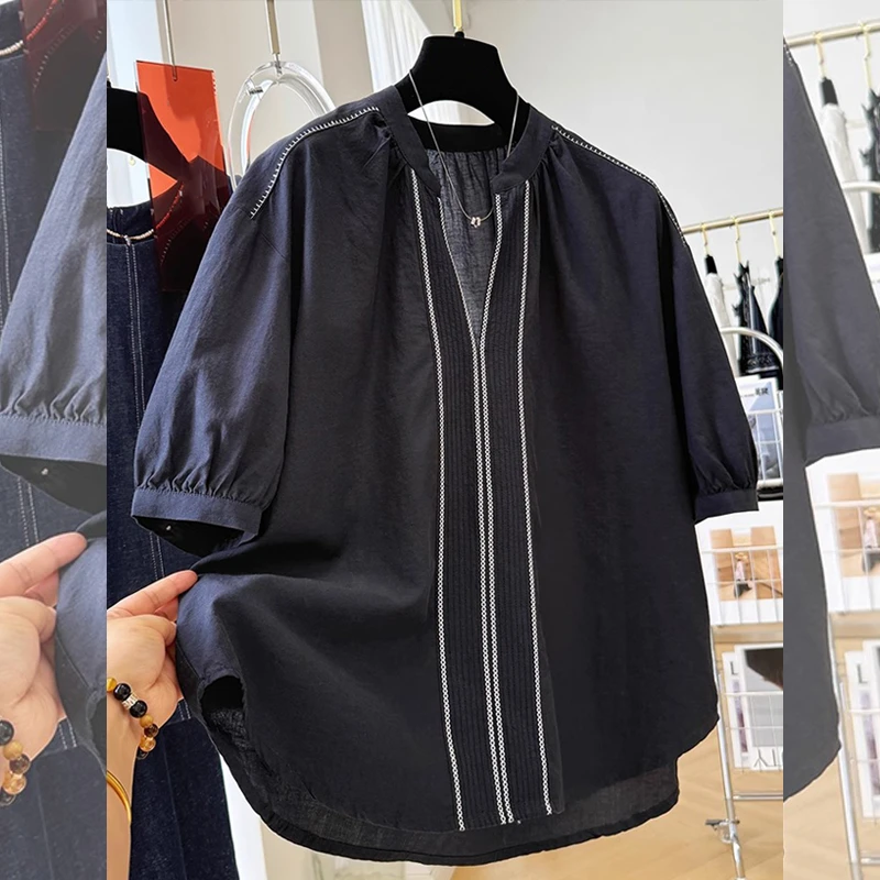 夏季新款老钱风刺绣半开领薄款衬衫上衣女装大码宽松显瘦衬衣减龄