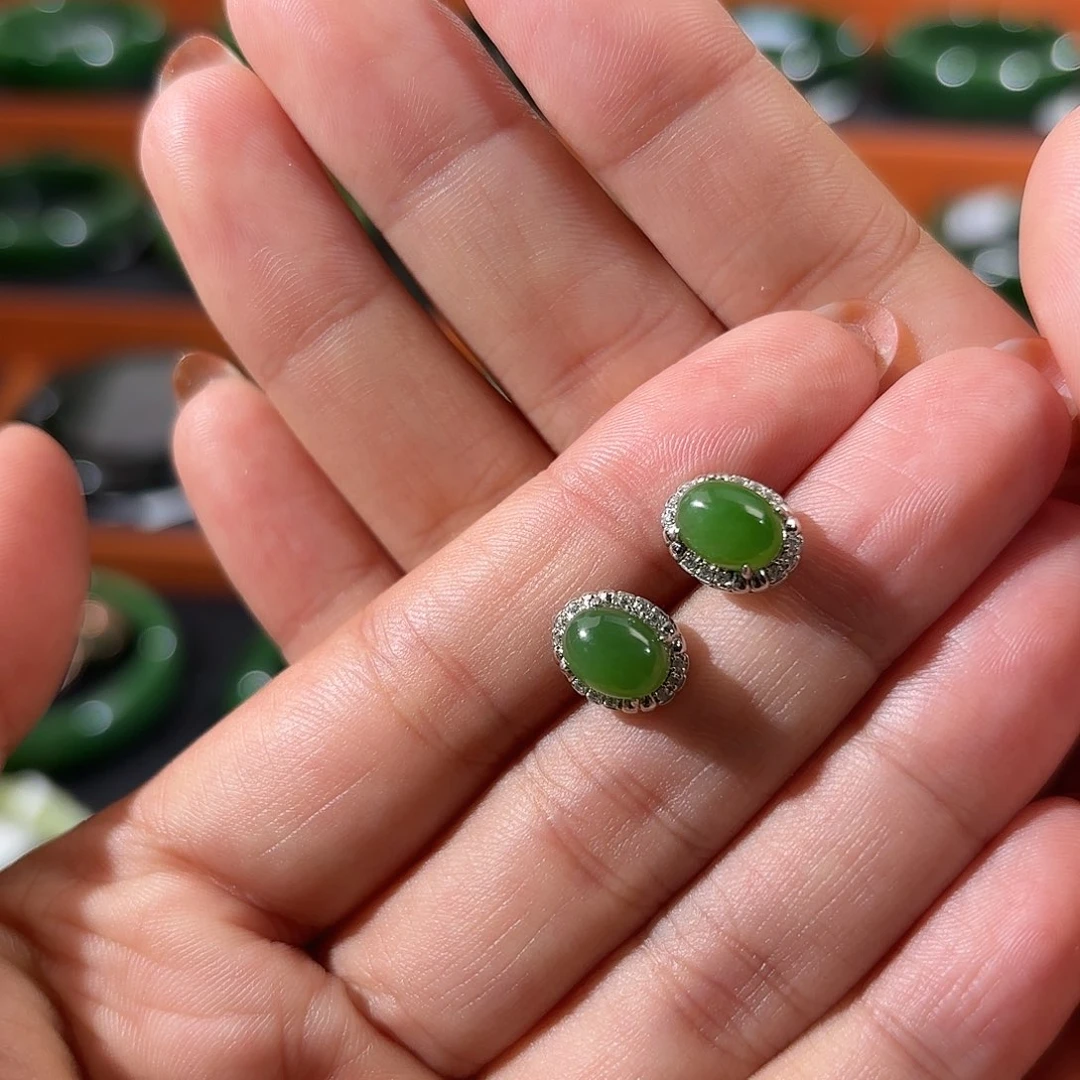 和田玉（碧玉）银S925镶嵌耳饰