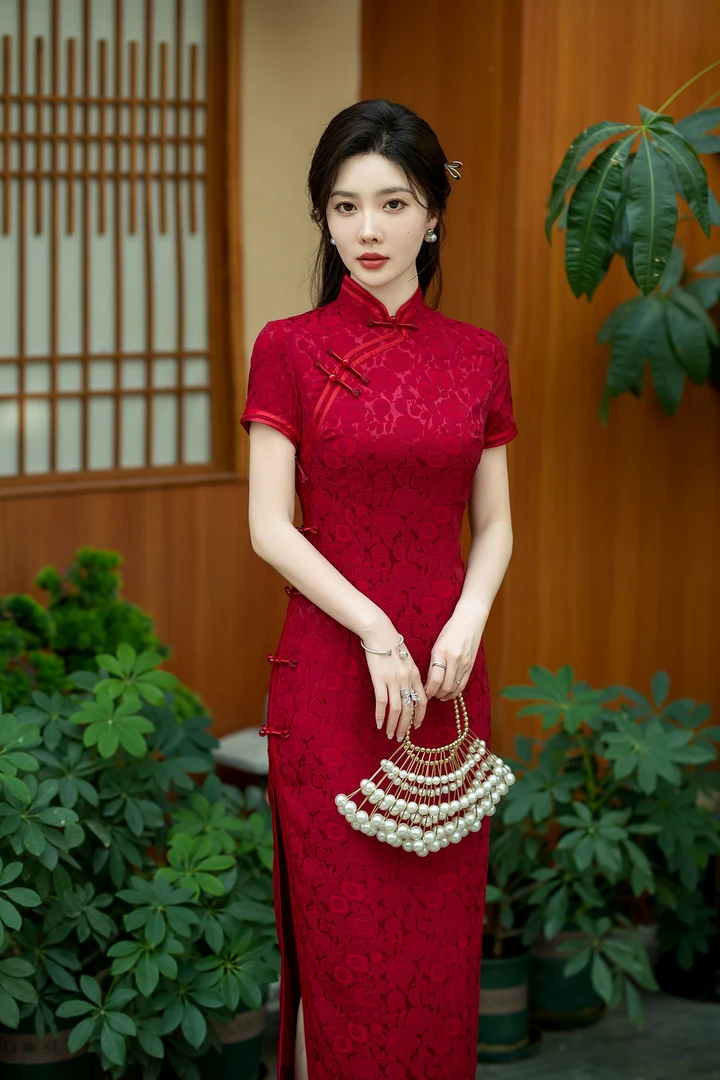 中国红夏季新款日常中国风缎丝旗袍手工旗开得胜长款气质显瘦走秀