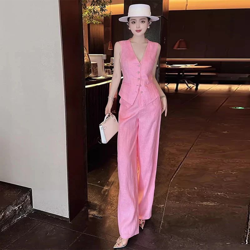 干练气质女装职业套装夏季2025新款简单大方粉色马甲阔腿裤两件套