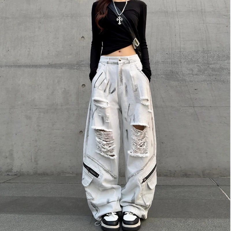 （清仓款）55995高街INS小众夏季白色脏脏裤破洞牛仔裤子女乞丐裤