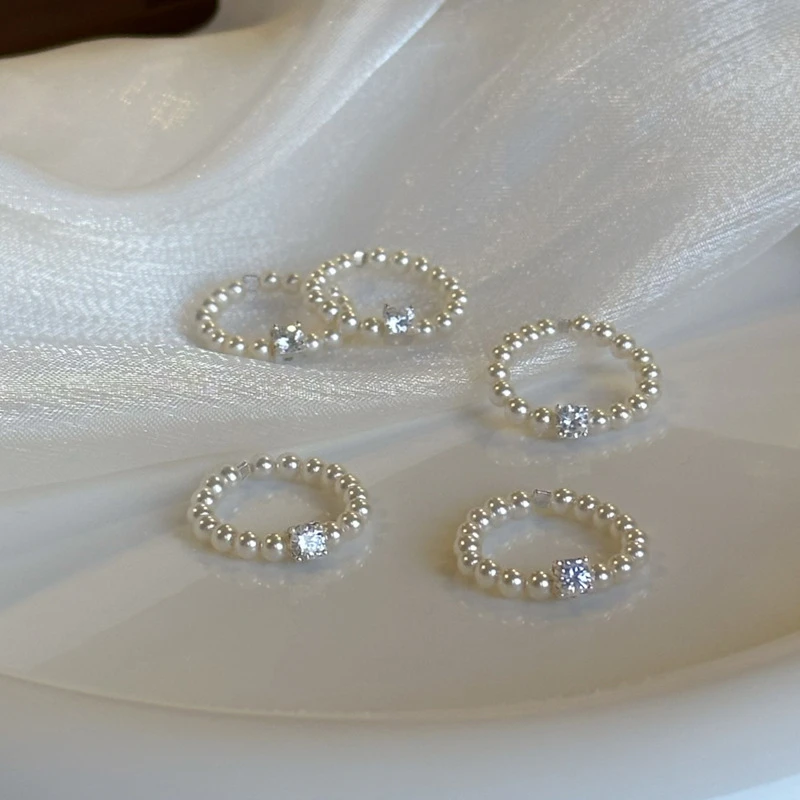 非金属仿珍珠戒指 方糖莫桑珍珠弹力戒指女高级感串珠指环