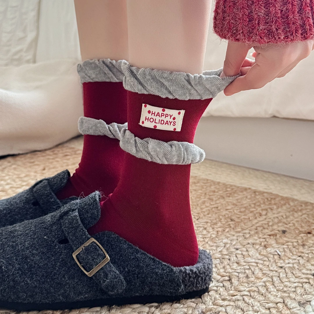 冬季新年字母红袜子女秋冬保暖红色中筒袜小腿堆堆袜大红色本命年