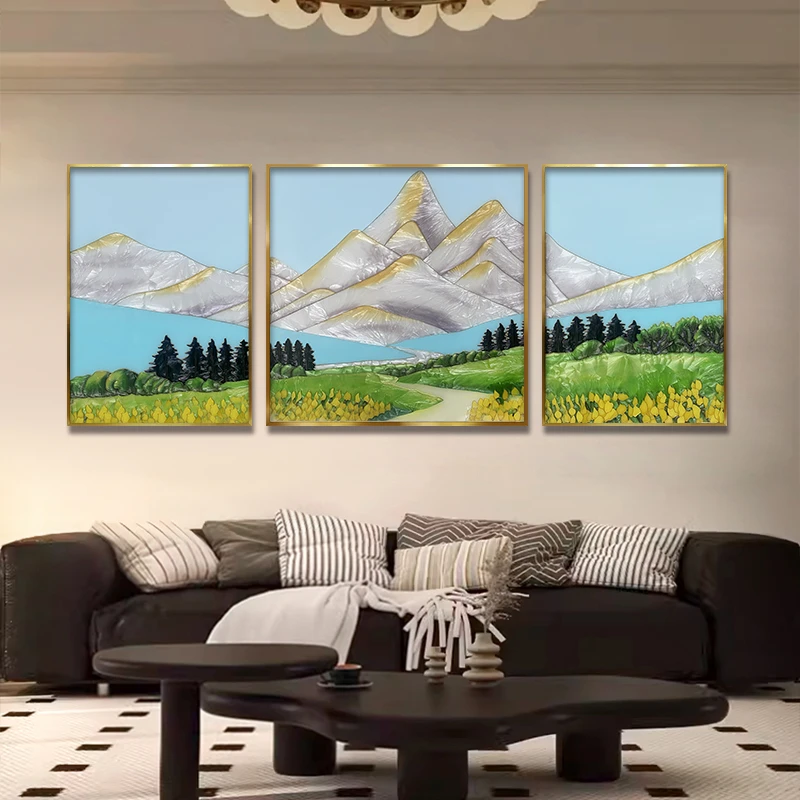 法式现代轻奢客厅装饰画三联画奶油风沙发背景墙挂画手绘珐琅彩画