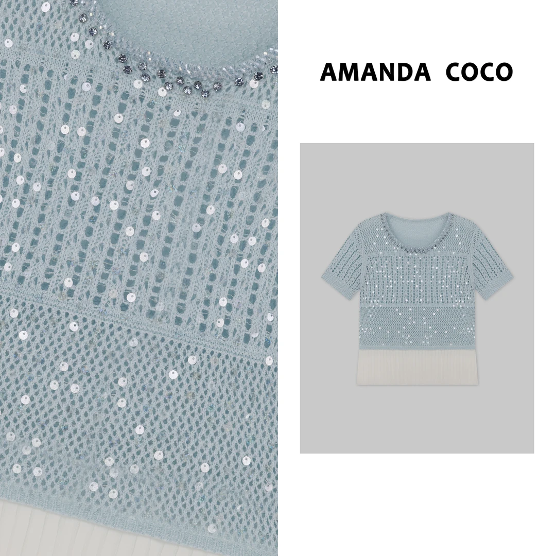 灿灿 | 清新夏风～钉钻人鱼姬亮片拼纱镂空短袖针织衫