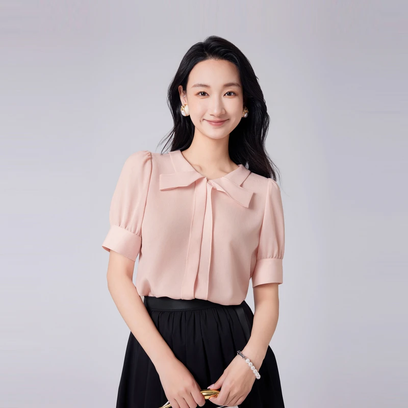 OBEG欧碧倩浪漫气质时尚夏季纯色翻领蝴蝶领女装衬衫50482515