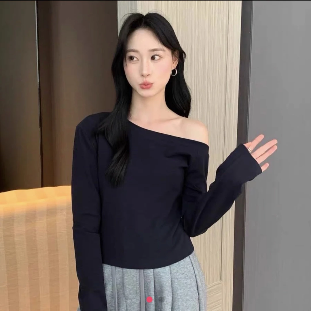 小个子显瘦斜肩长袖上衣9903