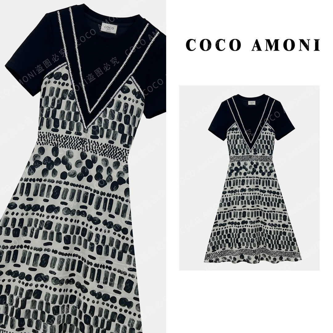 夏日轻奢时尚新款女装拼接重工亮钻假两件显瘦气质连衣裙ZC764