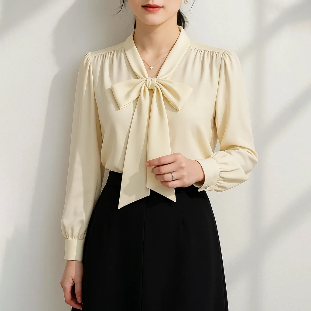 Janemo/茧墨法式浪漫飘带丝滑段面衬衫 复古文艺通勤休闲时尚百搭