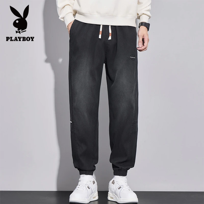 花花公子宽松抽绳时尚长裤子男装秋季新款潮流百搭束脚牛仔裤子男