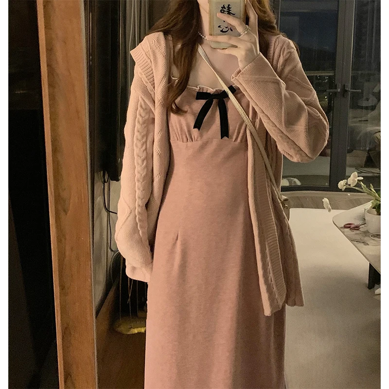 婷婷子【桃桃心事】大码女装秋季撞色密边蝴蝶结连衣裙百搭两件套