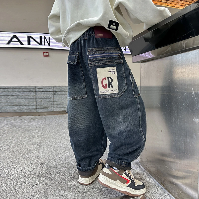 【2024秋冬款上新】男童牛仔裤儿童一体绒宽松百搭长裤男孩加绒裤子