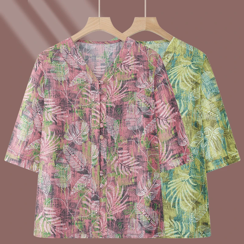 2025夏季新款轻薄中老年女装夏装奶奶短袖宽松碎花七分袖衬衫妈妈