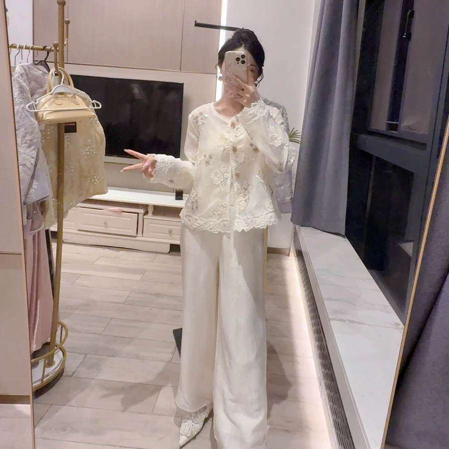 新中式亮片刺绣薄外套女2025新款高级感蕾丝花边国风阔腿裤套装