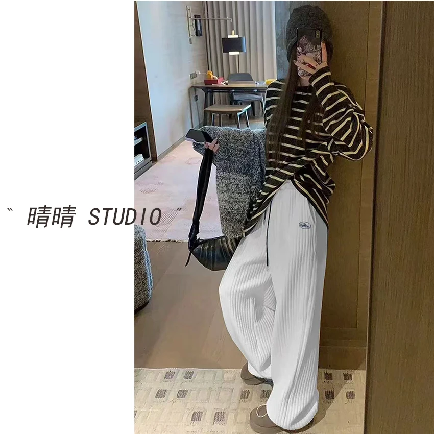 晴晴家-「技高一筹」25年冬韩系简约百搭休闲竖条夹棉休闲裤5267