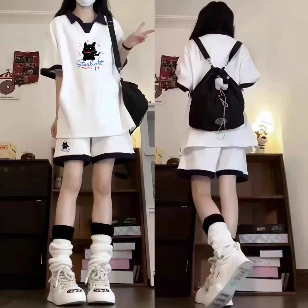 ins学院风一整套夏季爆款休闲减龄套装POLO衫短袖运动短裤两件套