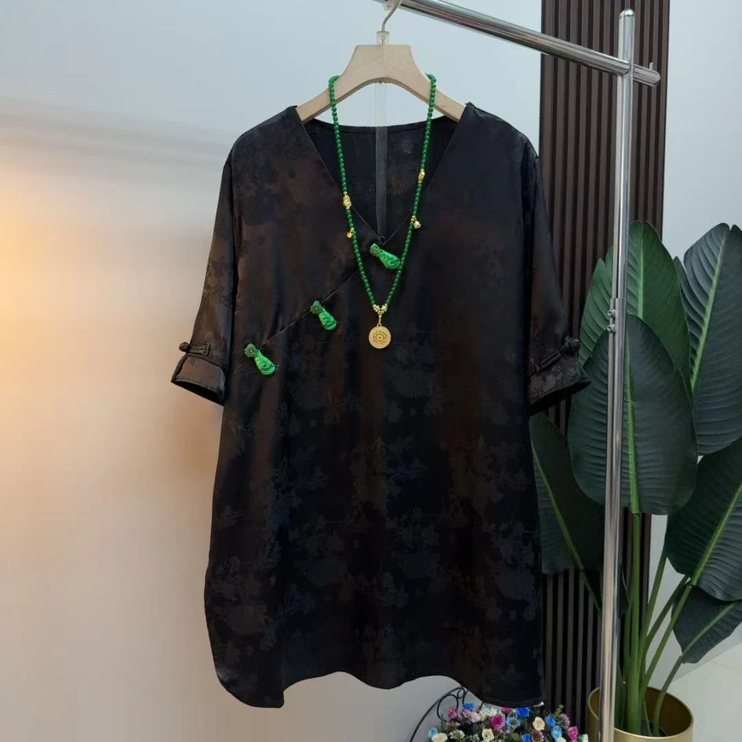 胖mm时尚气质显瘦遮肉减龄百搭国风宽松3387提花新中式女人衫