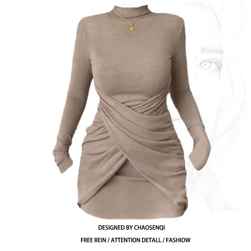 大码胖MM不规则交叉连衣裙子女秋冬季新款修身显瘦设计感内搭短裙