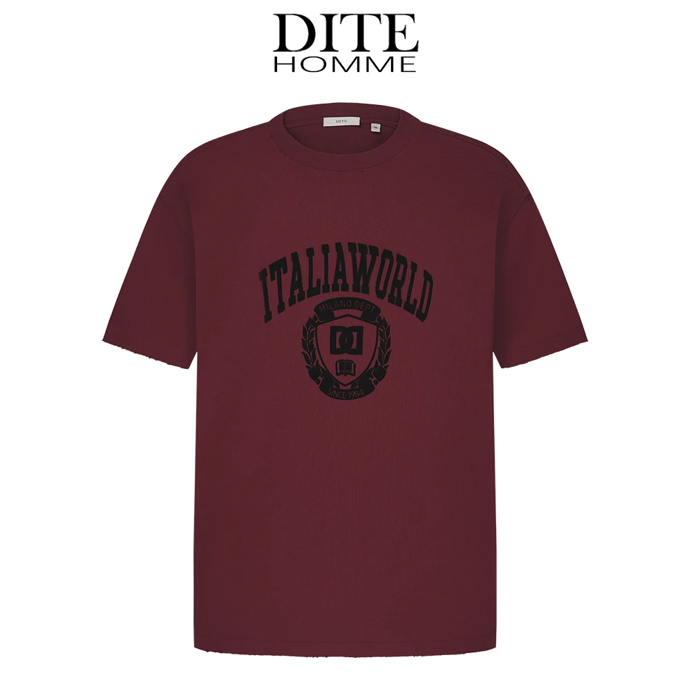 Dite男装 酒红色植绒T恤25秋季男款运动休闲经典宽松潮流圆领短袖