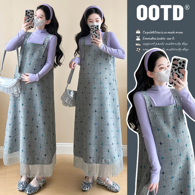 孕妇装秋冬连衣裙2025新款小香风背带裙打底衫长袖时尚显瘦遮肚子