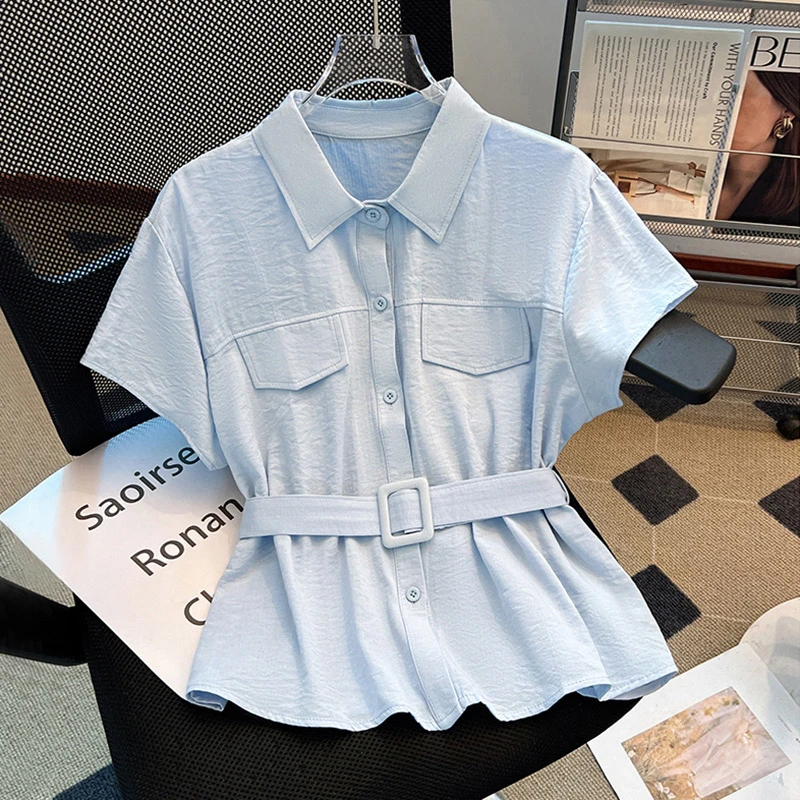 法式气质收腰系带翻领短袖衬衫女2025新款夏季高级感独特宽松上衣