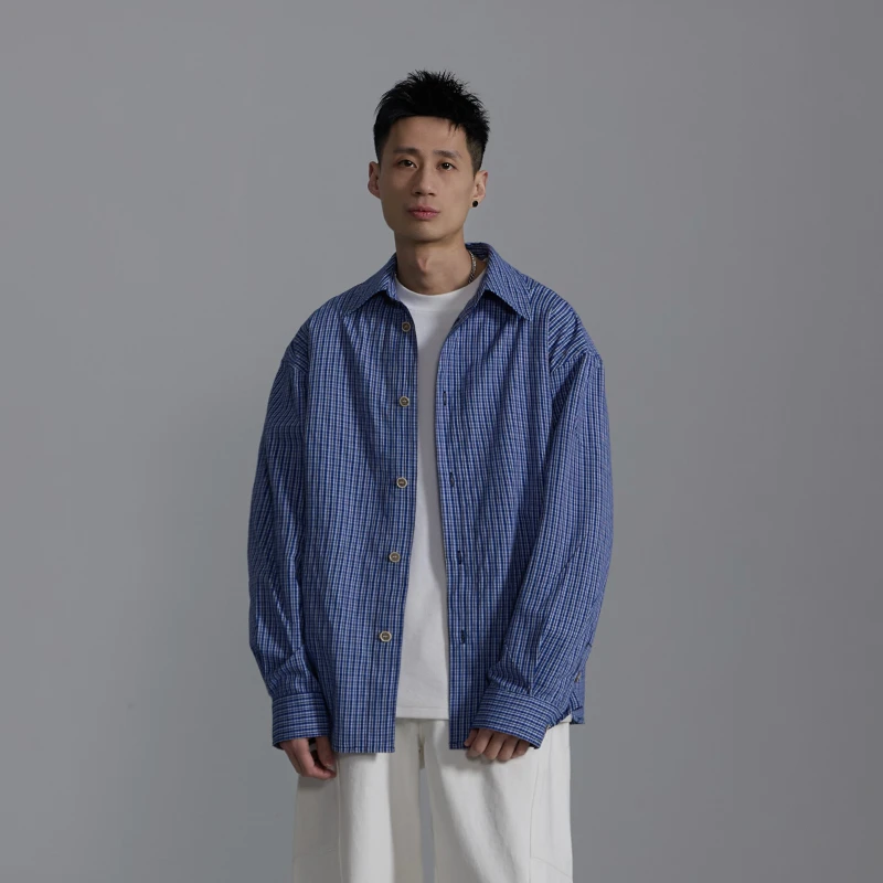 百搭经典格纹蓝色长袖宽松衬衫复古慵懒衬衣男女同款格子外套6059