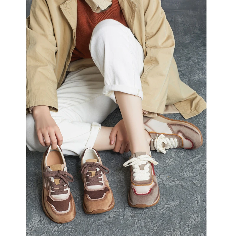 2025春季新款真皮圆头英伦风系带平跟休闲厚底透气手工上线阿甘鞋