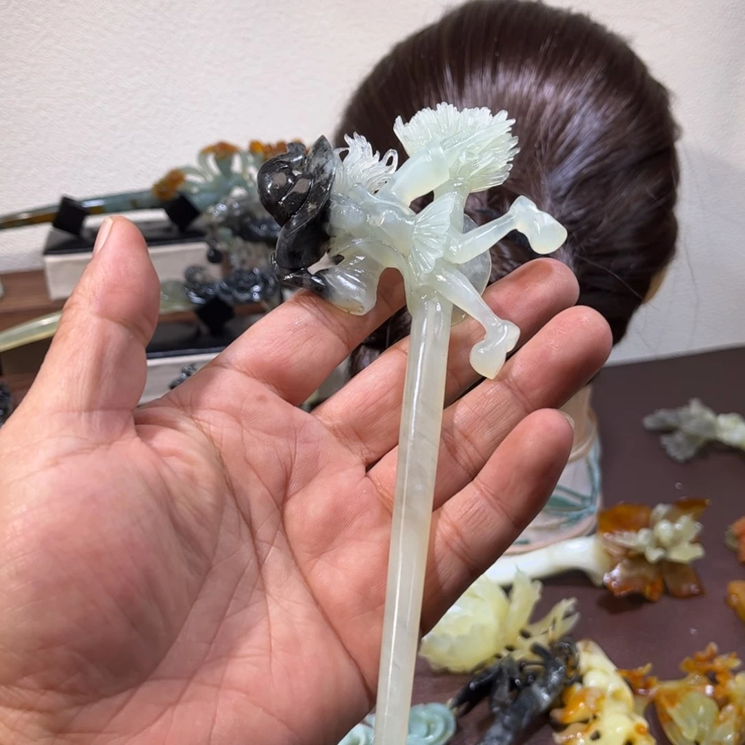 蛇纹石玉发簪合金嘛*