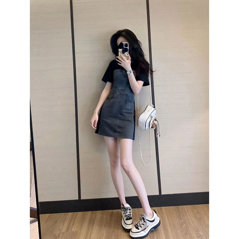 夏季巨好看法式假两件小个子牛仔连衣裙2025年新款裙子女夏小黑裙