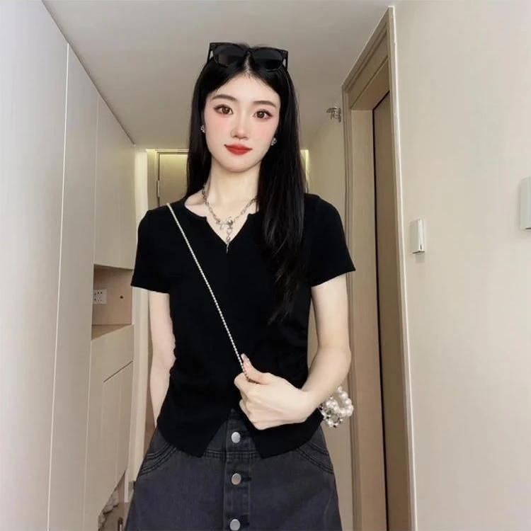 棉质大码不规则开叉设计感抽褶短袖t恤女夏新正肩遮肉显瘦V领上衣