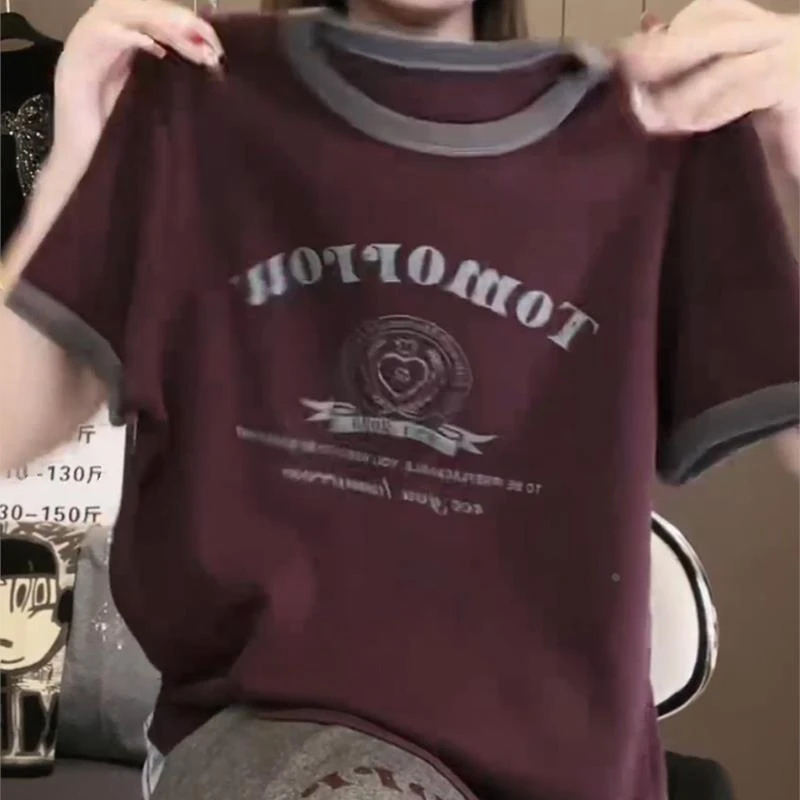 撞色圆领短袖t恤女今年夏季新款时尚洋气字母印花百搭休闲上衣潮