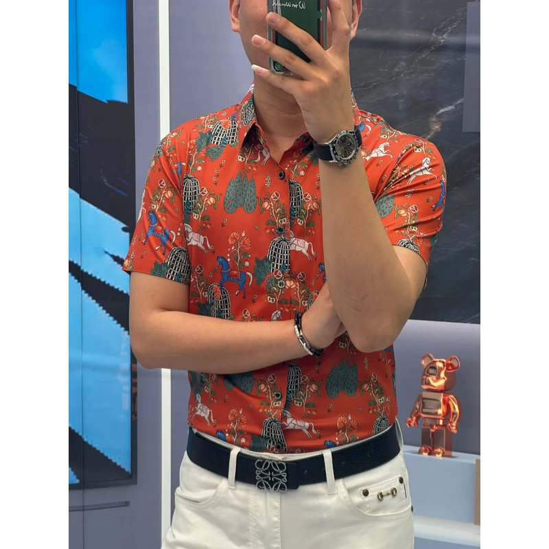 男士夏季桑蚕丝休闲高端薄款动物印花无缝高品质欧货弹力短袖衬衫