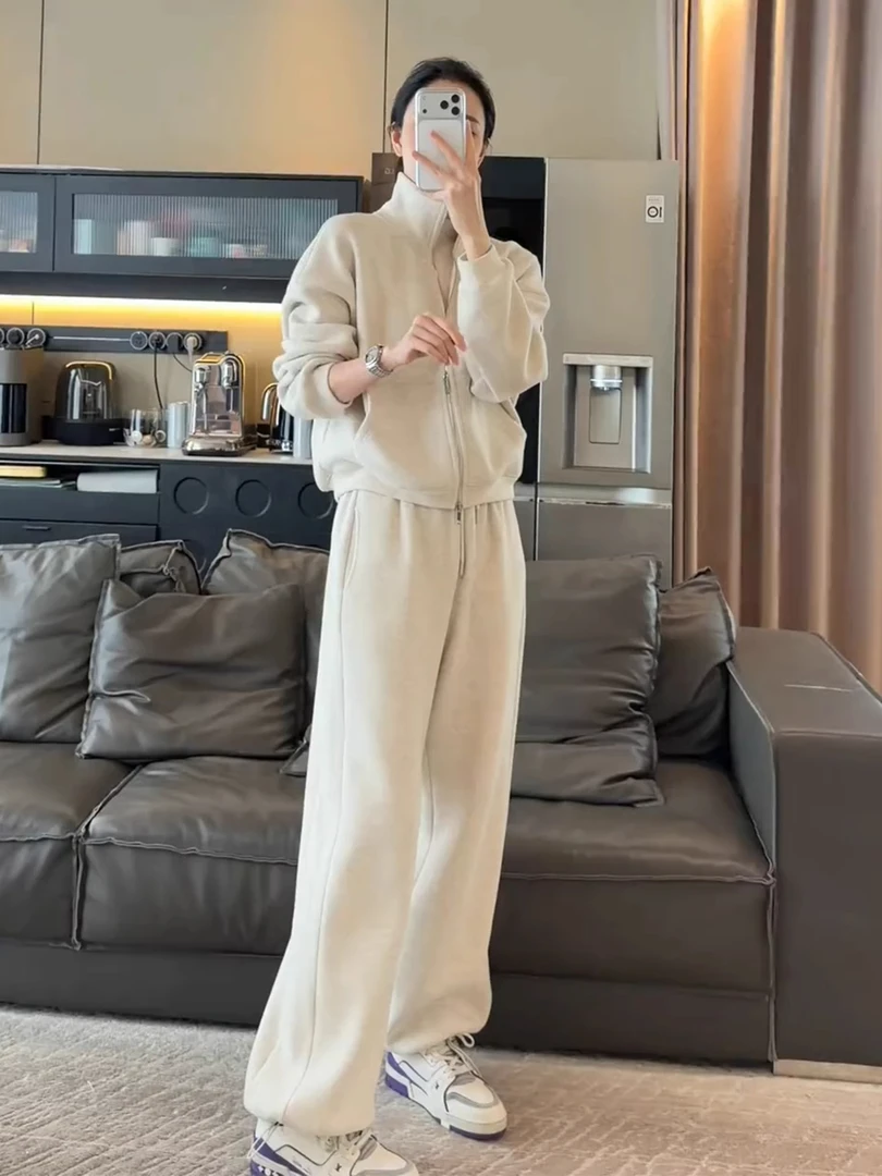 气质一整套卫衣加绒加厚休闲套装女秋冬拉链外套直筒裤运动两件套