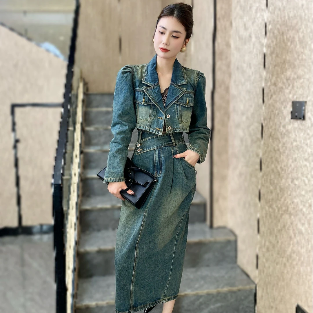 【JY】美式复古牛仔套装裙女春季简约高级感牛仔裙短外套两件套