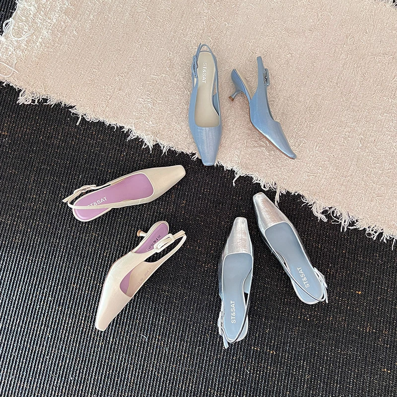 ST&SAT细跟浅口单鞋一脚蹬高跟鞋后空包头凉鞋上班鞋职场真皮女鞋