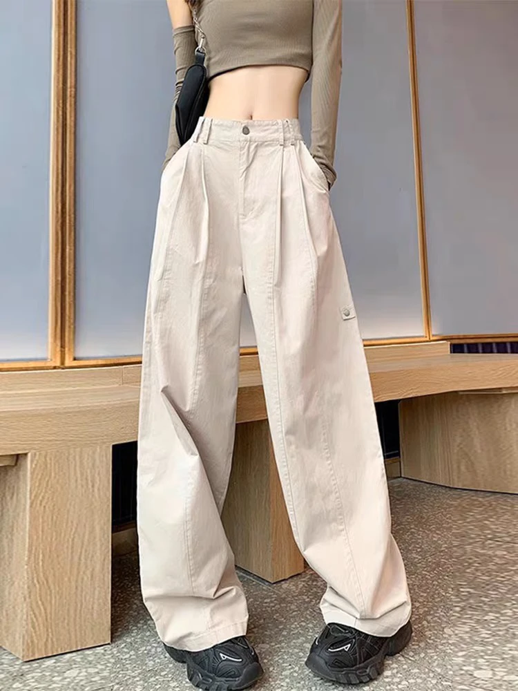 卡其色速干工装裤女2025薄款美式胖mm显瘦遮肉宽松直筒休闲裤子女