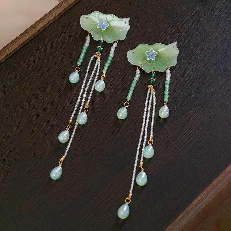 古风头饰汉服旗袍对夹小青荷叶发夹夏日宋制绿色清新玻璃流苏发饰