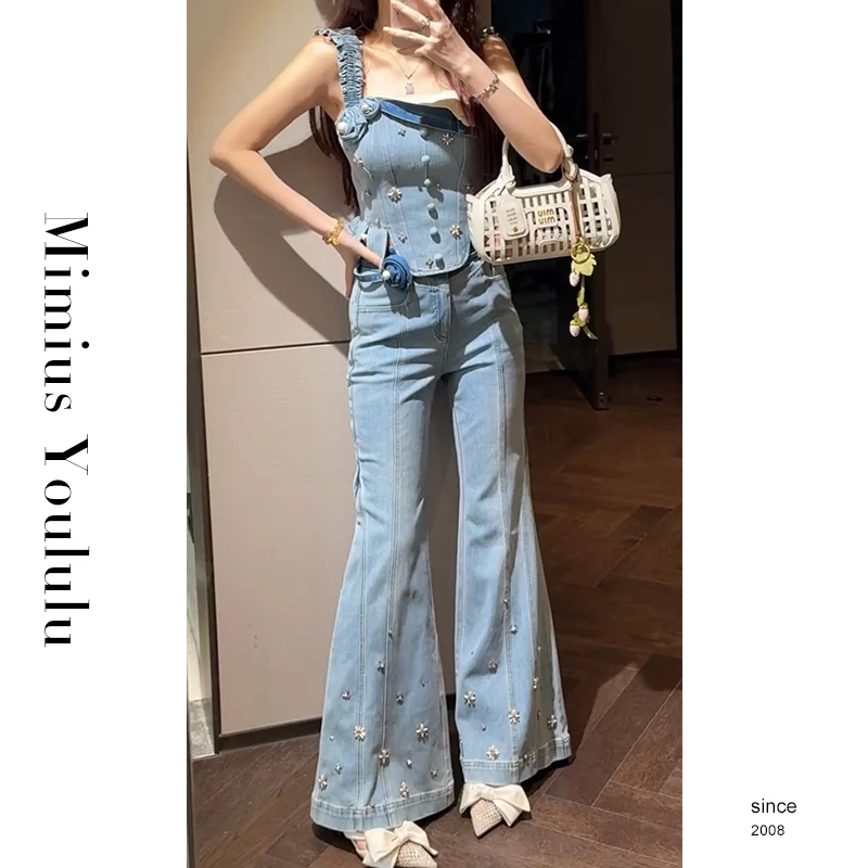 【mimius】U 复古重工钉珠花朵无袖牛仔上衣+牛仔裤（含腰带）WG05054