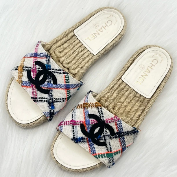 95新 Chanel/香奈儿 罗缎粗花呢帆布渔夫拖鞋 37码 公价9k j6056