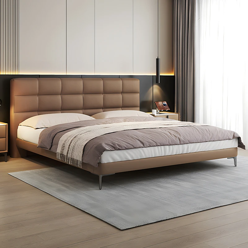 【钢木结构】现代简约皮艺床主卧室双人床齐边家用华夫格皮床婚床