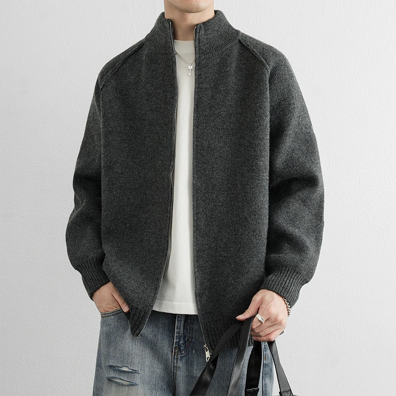 2025春秋立领毛衣高级感拉链针织衫宽松纯色打底衫潮外套夹克男